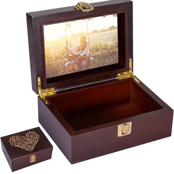 Brown Wooden Jewelry Box with Heart Design - Picture 1 of 7